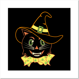 Vintage Halloween Black Cat Witch Posters and Art